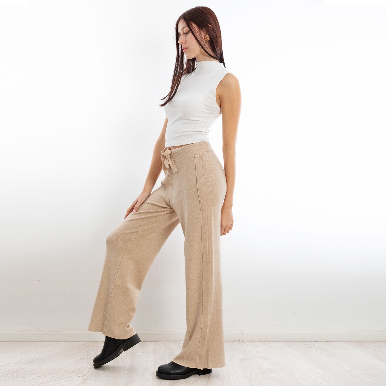 toocool pantaloni donna palazzo maglia laccio vita alta f2005