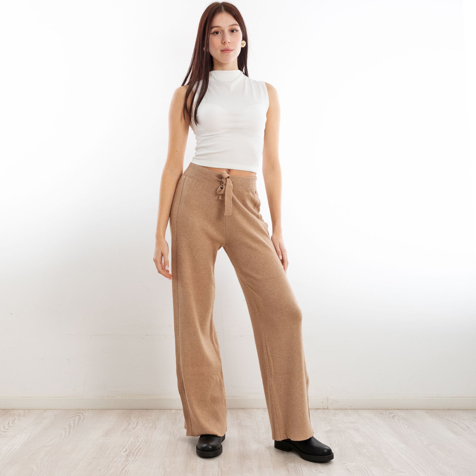 toocool pantaloni donna palazzo maglia laccio vita alta f2005